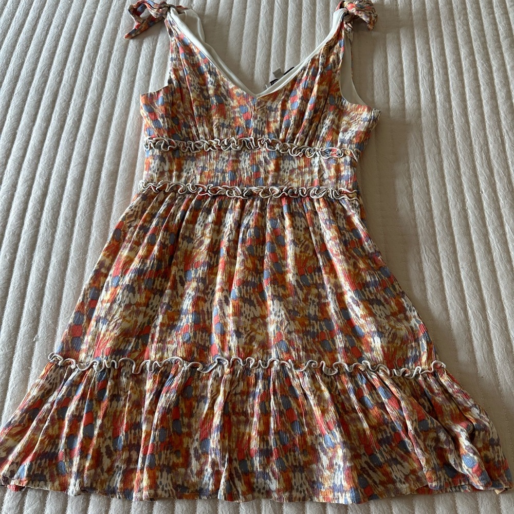 Multicolor Patterned Dress with Ruffle Accents